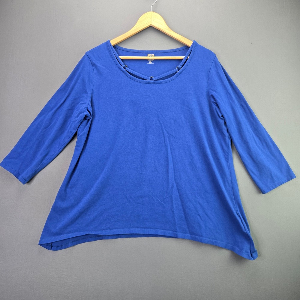 Anne Klein Sport Top Lattice Neck 3/4 Sleeve XL Blue A-Line Relaxed Knit T-Shirt